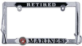 License Plate Frame-Retired Marines/Silver&Black