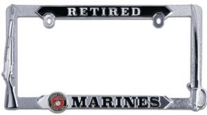 License Plate Frame-Retired Marines/Silver&Black