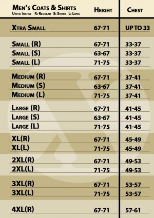 SIZE CHART- Coats and Shirts- Regular Length ONLY